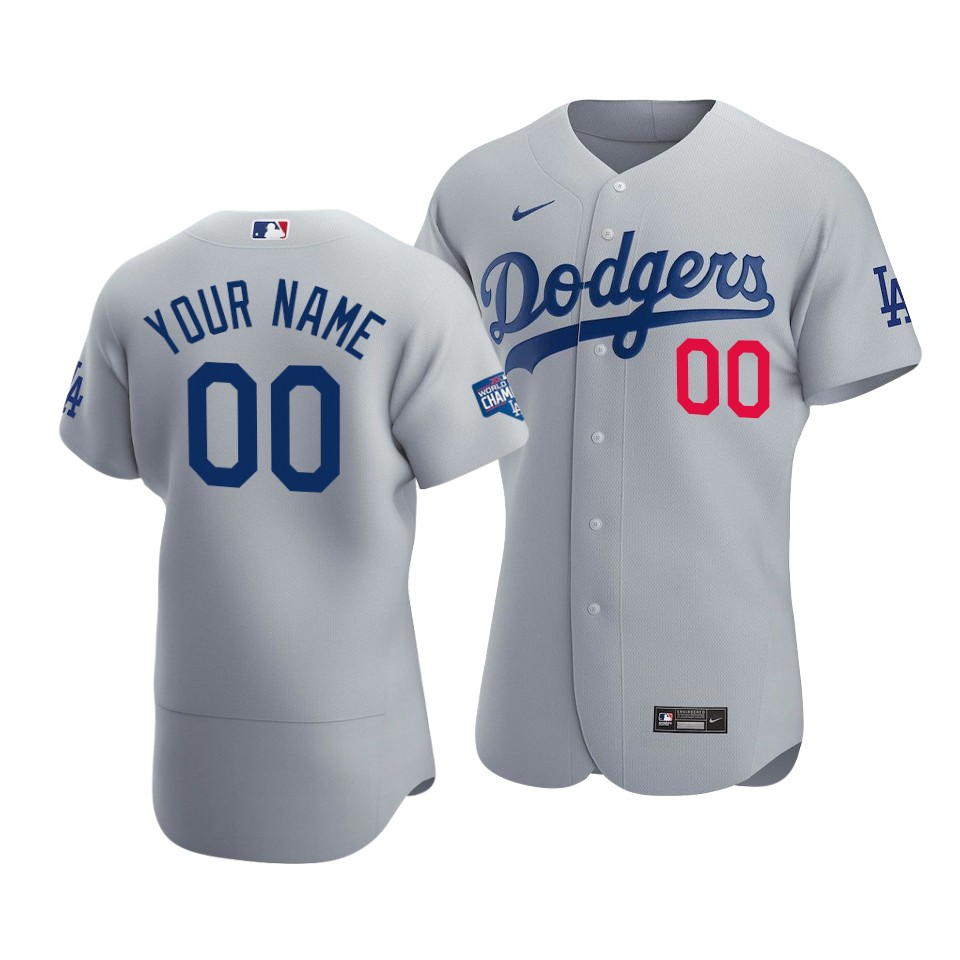 Men's Los Angeles Dodgers Customized Grey 2020 World Series Champions Home Patch Flex Base Stitched Jersey